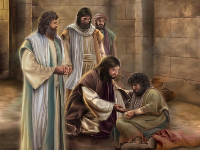 Image of Jesus talking with the man born blind as his disciples look on.