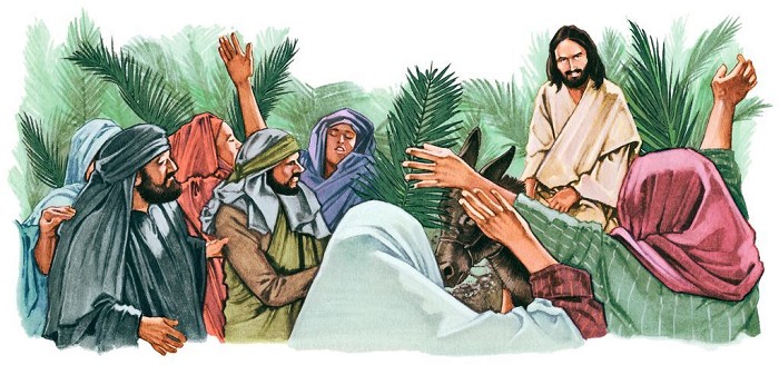 Image of Jesus riding on a donkey and prople waving palm branches