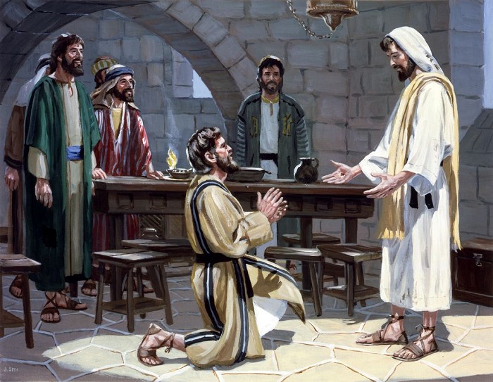 Image of Thomas kneeling before the risen Christ.
