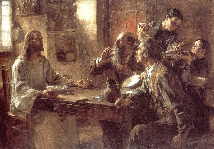 Image of Jesus breaking bread before the two Emmaus travelers.