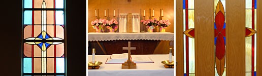 Images of stained-glass windows and an altar ready for mass.