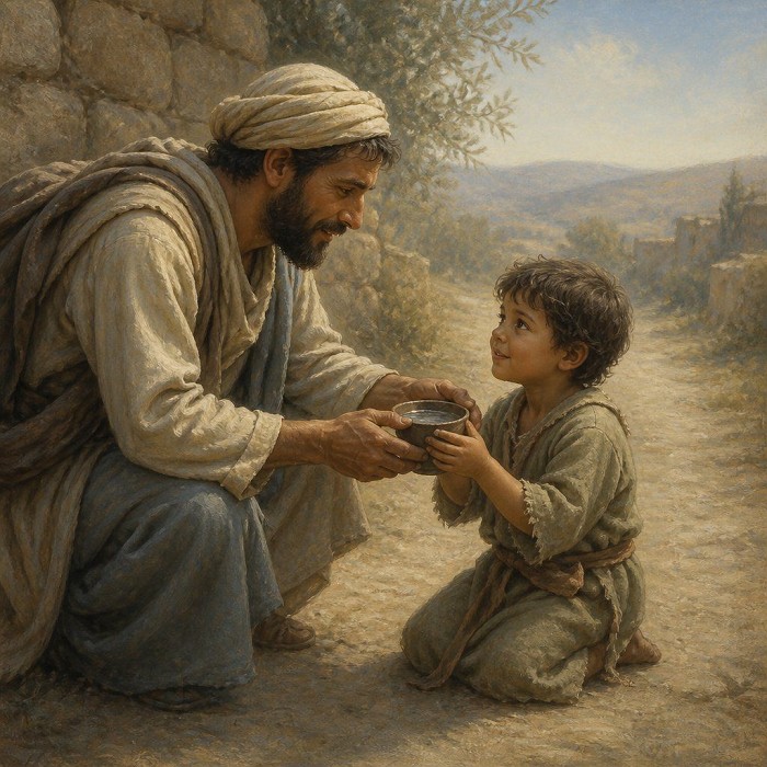 Image of a man giving a cup of water to a small boy.