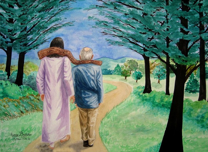 Jesus is walking with a man down the path of life. Jesus' yoke is big, and the man's part is small.