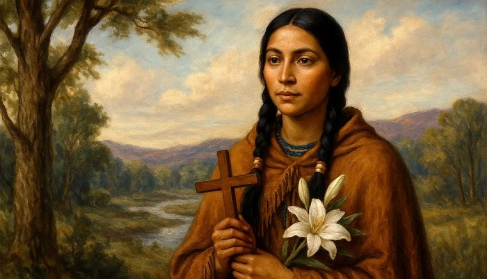 Image of St. Kateri Tekakwitha holding a wooden cross and lily.