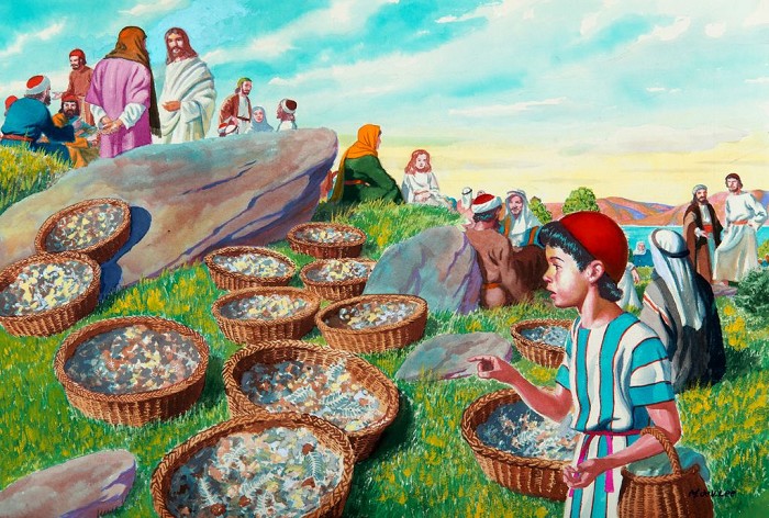Small boy looking at the 12 baskets of scraps left over after Jesus fed the 5,000.