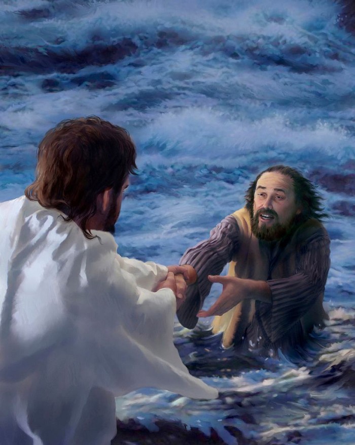 Jesus pulling a man, disciple Peter, from the water. 