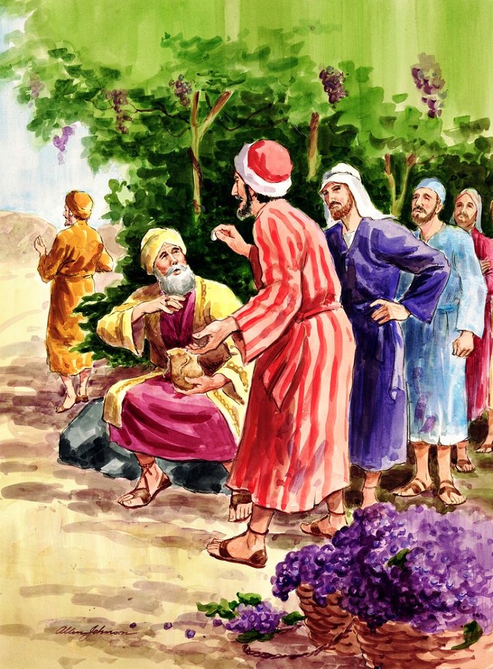 Workers in the vineyard receiving their pay.