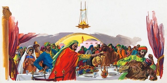 Wedding Feast with the King pointing to a guest with no wedding clothes.