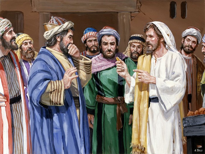 Jesus and a coin. Render to Cesar what is Ceasar's, and unto God what is God's.